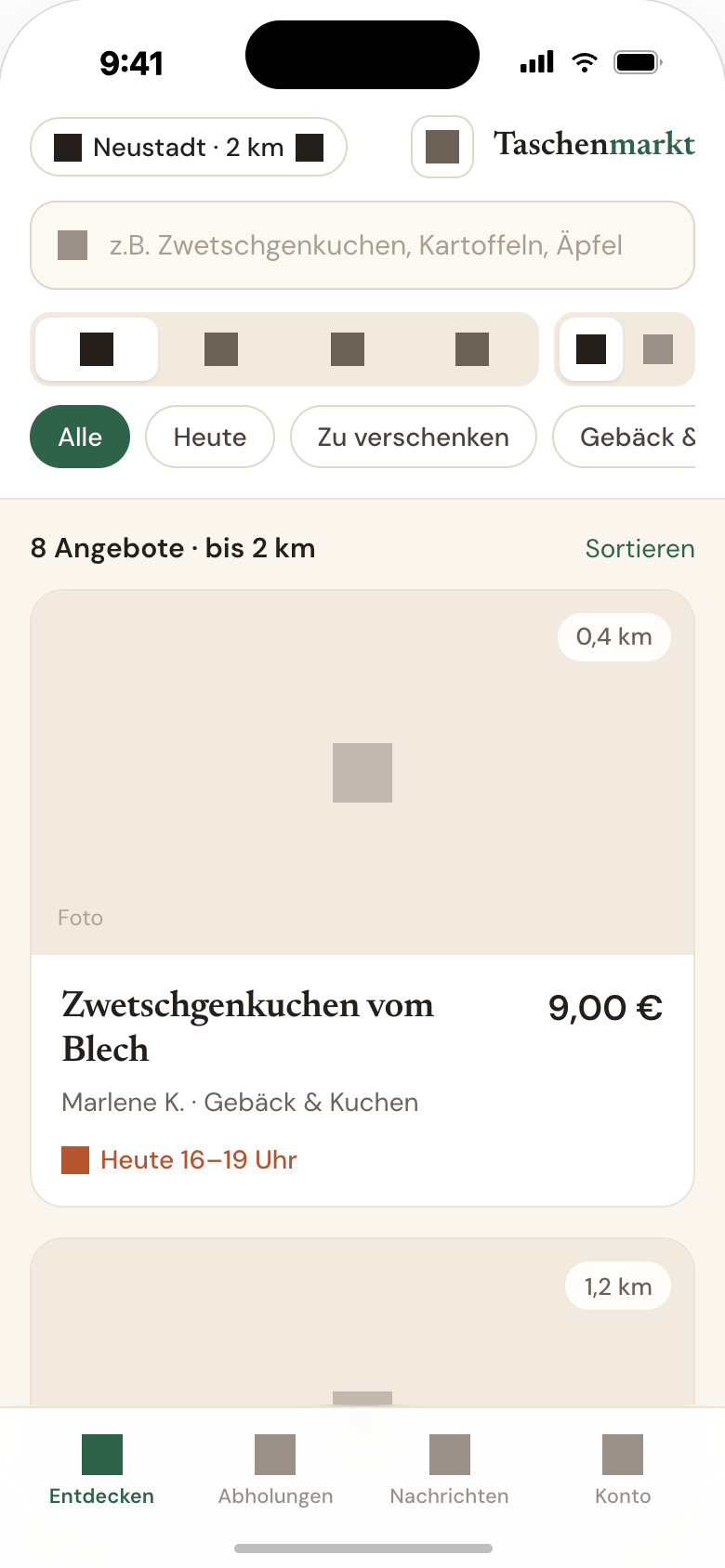 Almende browse feed with nearby homemade food listings and filters