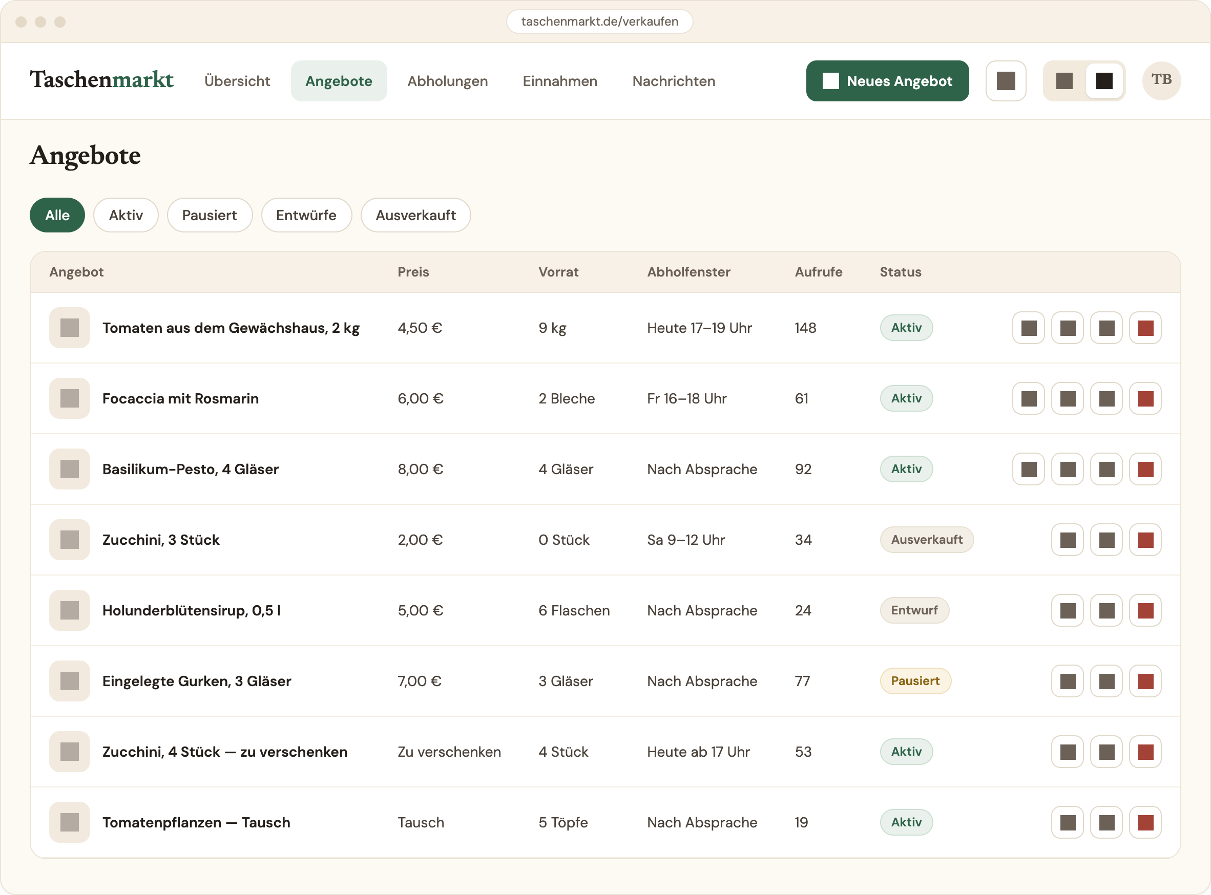 Almende seller web dashboard with offers, stock and status
