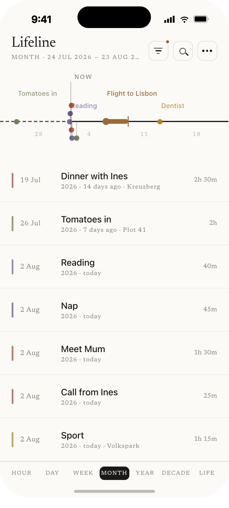 Lifeline month view with layered threads and event list