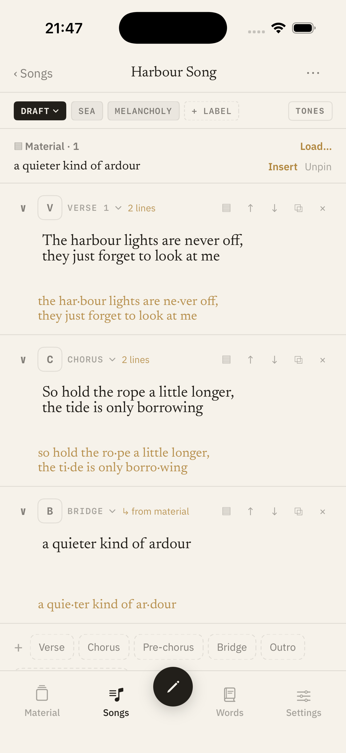Lyriker Song-Editor mit Sections und Pin-Leiste