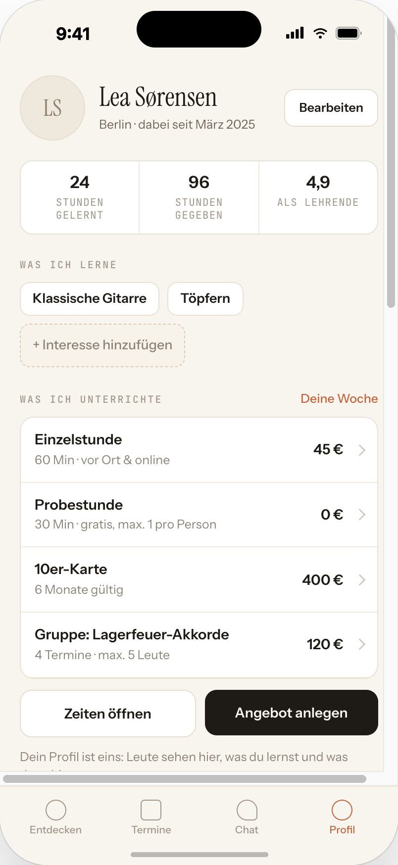 Tuto Profil mit Lern- und Unterrichts-Bereichen